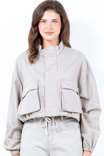 American Bazi Full Size Drawstring Hem Cargo Pocket Cropped Worker Jacket Plus Size - Hovatok