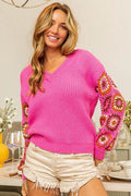 BiBi V-Neck Crochet Long Sleeve Sweater - Hovatok