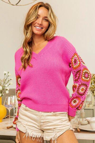 BiBi V-Neck Crochet Long Sleeve Sweater - Hovatok