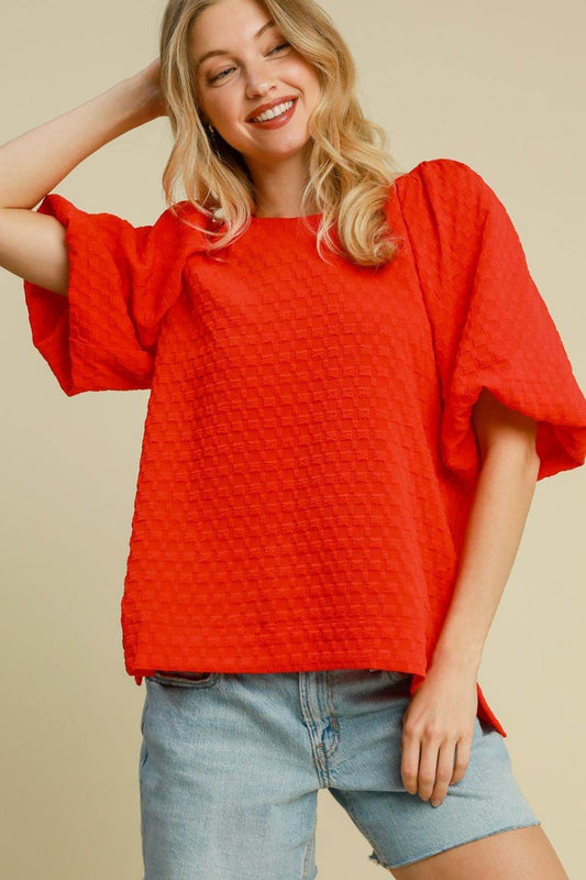Umgee Full Size Boxy Cut Jacquard Round Neck Top with Side Slit Plus Size - Hovatok