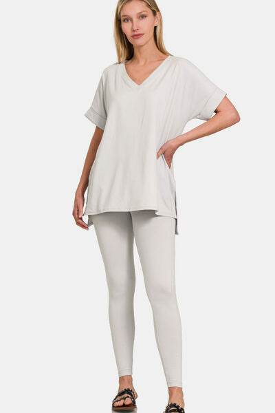 Zenana V-Neck Rolled Short Sleeve T-Shirt and Leggings Lounge Set - Hovatok