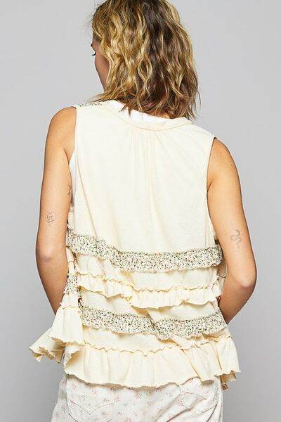 POL Ruffled Open Front Sleeveless Cardigan - Hovatok