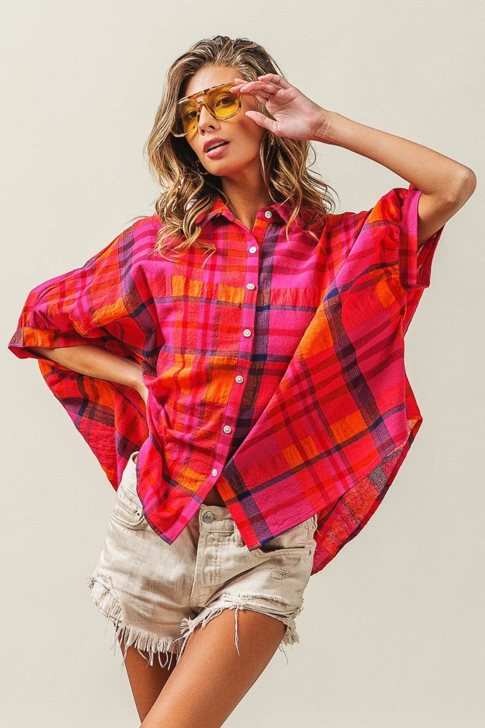 BiBi Button Up Dolman Sleeve Plaid Shirt - Hovatok