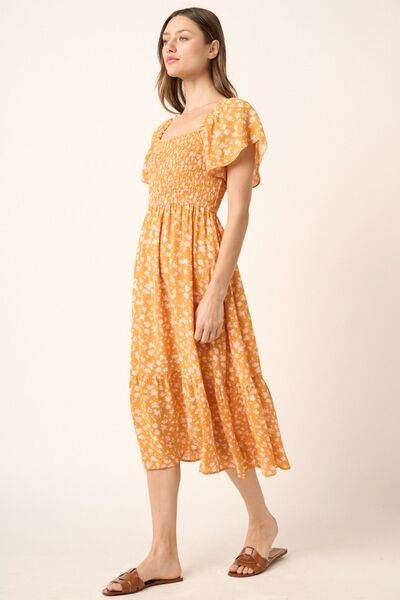 Mittoshop Flower Print Flutter Sleeve Smocked Midi Dress - Hovatok