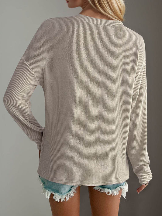 Double Take Pocketed Textured V-Neck Long Sleeve T-Shirt - Hovatok