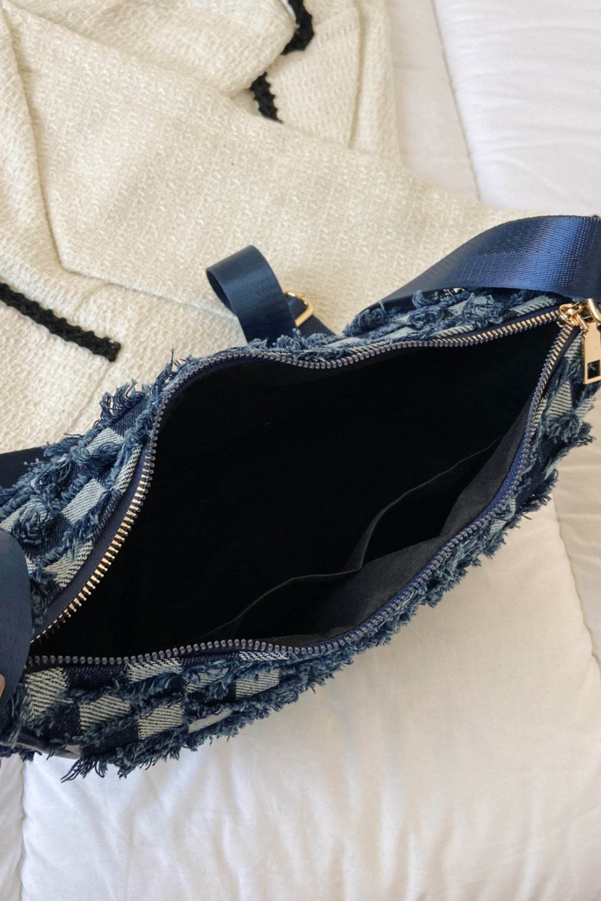 Raw Hem Checkered Denim Crossbody Bag - Hovatok