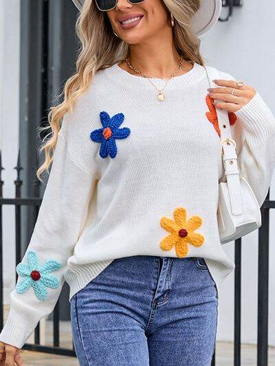 Angel Wings Crochet Flower Round Neck Sweater - Hovatok