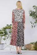 Celeste Full Size Leopard Color Block Front Tie Midi Dress Plus Size - Hovatok