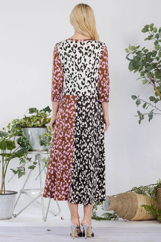 Celeste Full Size Leopard Color Block Front Tie Midi Dress Plus Size - Hovatok