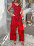 Devine Printed Round Neck Sleeveless Tie Waist Jumpsuit - Hovatok