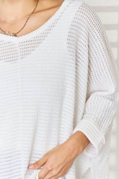Zenana Full Size Waffle Knit V-Neck Long Sleeve Slit Top - Hovatok