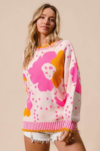 BiBi Flower Pattern Contrast Sweater - Hovatok