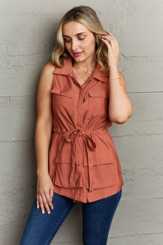 Ninexis Follow The Light Sleeveless Collared Button Down Top - Hovatok