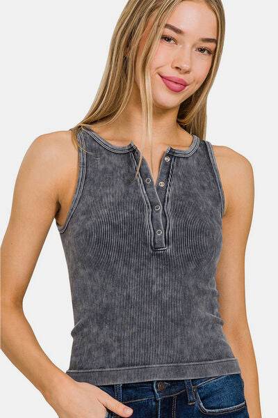 Zenana Washed Ribbed Half Snap Seamless Tank - Hovatok
