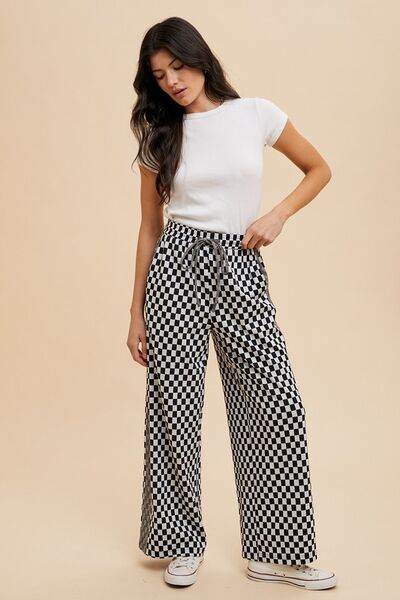 Annie Wear Drawstring Checkered Wide Leg Pants - Hovatok