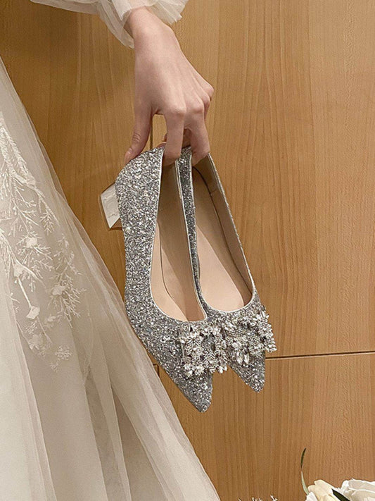 Glitter Point Toe Block Heel Pumps - Hovatok