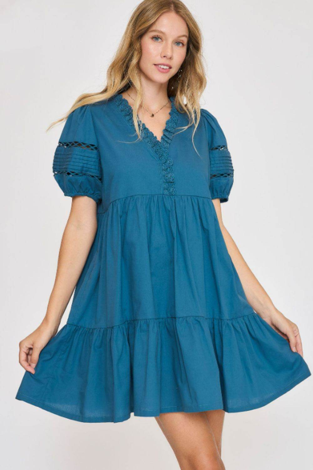 Umgee USA Full Size Lace Detail Puff Sleeve Mini Dress Plus Size - Hovatok