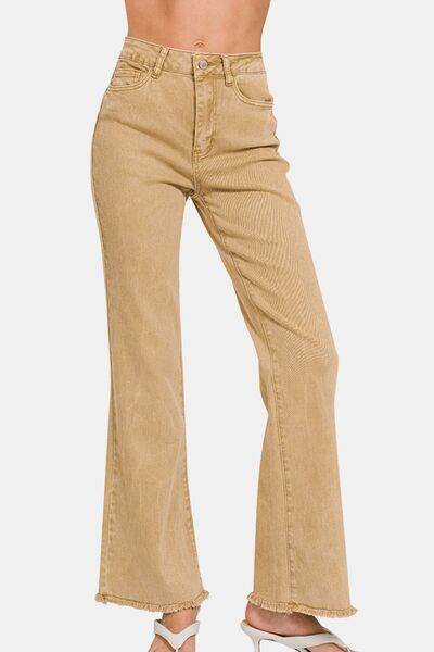 Zenana Acid Washed Frayed Hem Bootcut Jeans - Hovatok