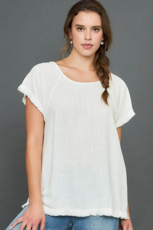 Umgee Full Size Seam Detail Linen Ruffle Fringe Edge Top Plus Size - Hovatok