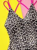 Leopard Plunge Spaghetti Strap One-Piece Swimwear - Hovatok