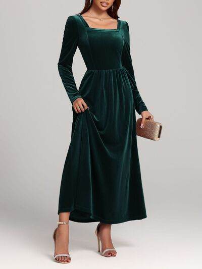 Velvet Square Neck Long Sleeve Dress - Hovatok