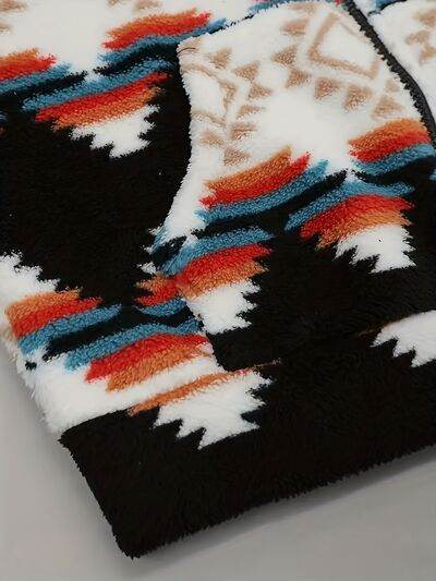 Geometric Zip Up Hooded Sherpa Jacket - Hovatok