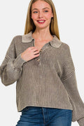 Zenana Washed Half Button Long Sleeve Sweater - Hovatok