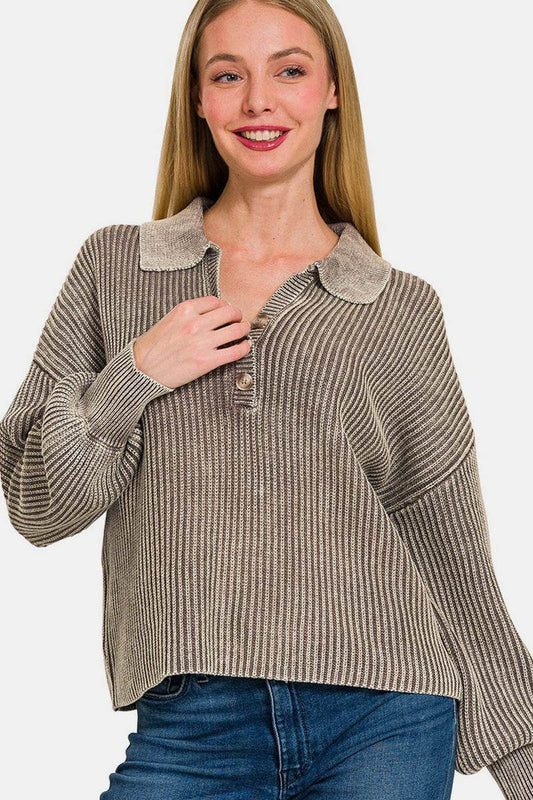 Zenana Washed Half Button Long Sleeve Sweater - Hovatok