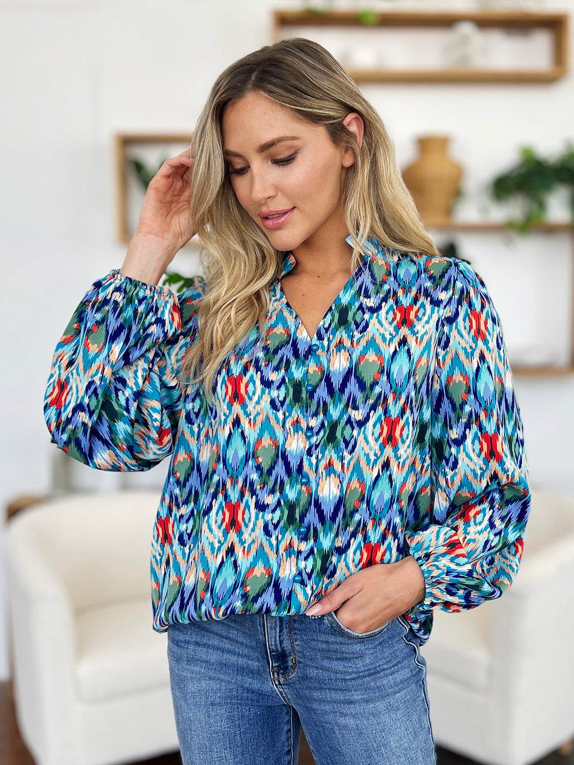 Double Take Full Size Printed Balloon Sleeve Blouse - Hovatok