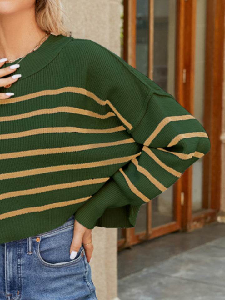 Round Neck Striped Lantern Sleeve Sweater - Hovatok