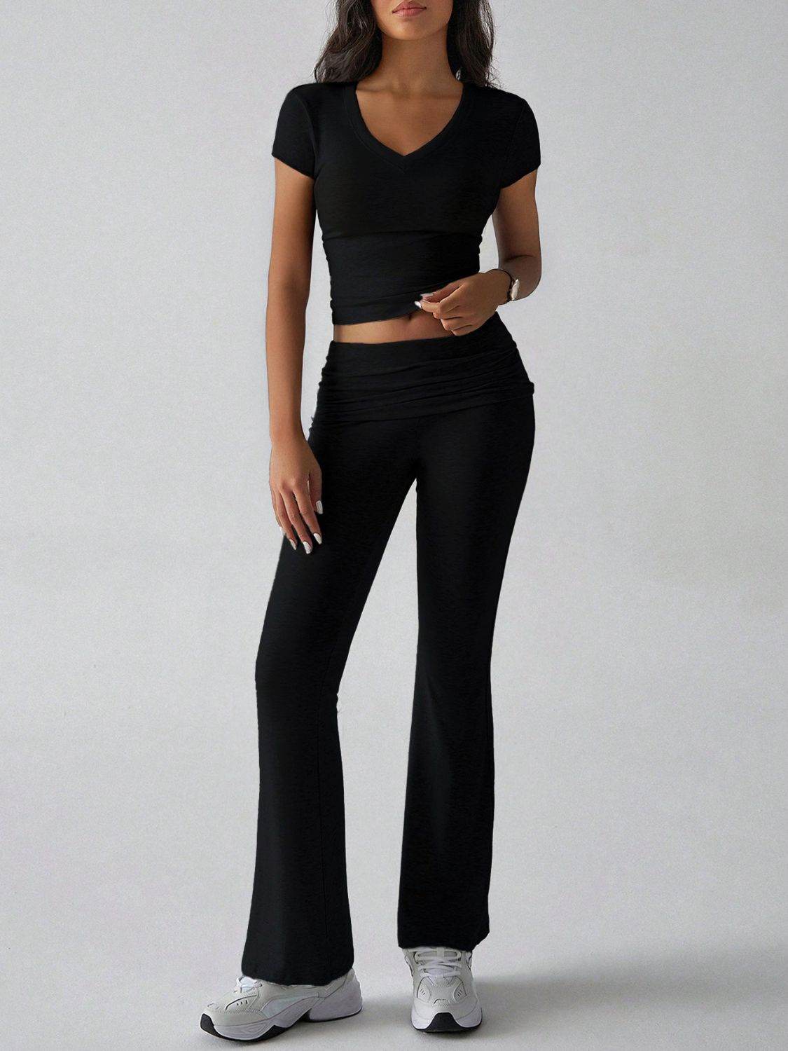 Devine V-Neck Top and Bootcut Leggings Set - Hovatok