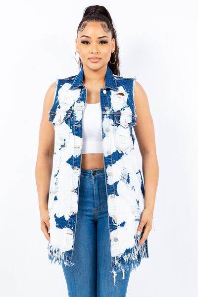 American Bazi Distressed Frayed Edge Longline Denim Vest - Hovatok