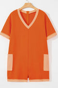 Two-Tone Short Sleeve V Neck Patched Pocket Romper - Hovatok
