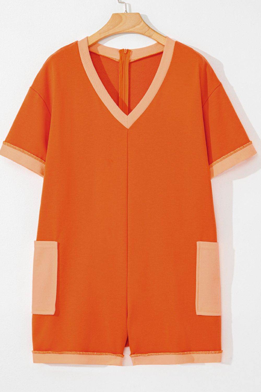 Two-Tone Short Sleeve V Neck Patched Pocket Romper - Hovatok