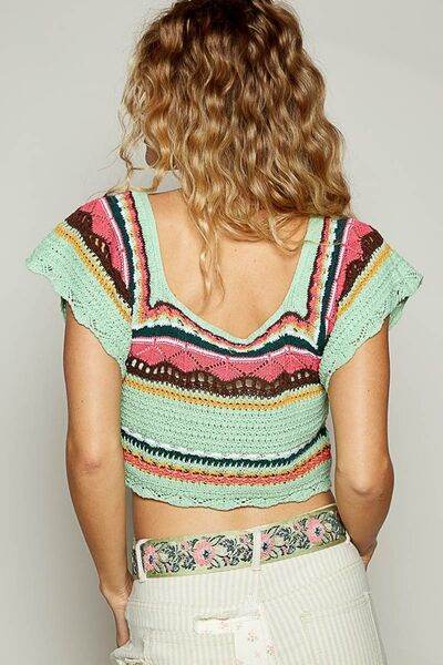 POL Openwork Ethnic Pattern Square Neck Cropped Knit Top - Hovatok