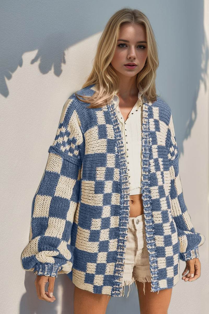 Double Take Full Size Open Front Checkered Drop Shoulder Cardigan - Hovatok