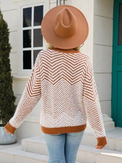 Angel Wings Striped Round Neck Dropped Shoulder Sweater - Hovatok