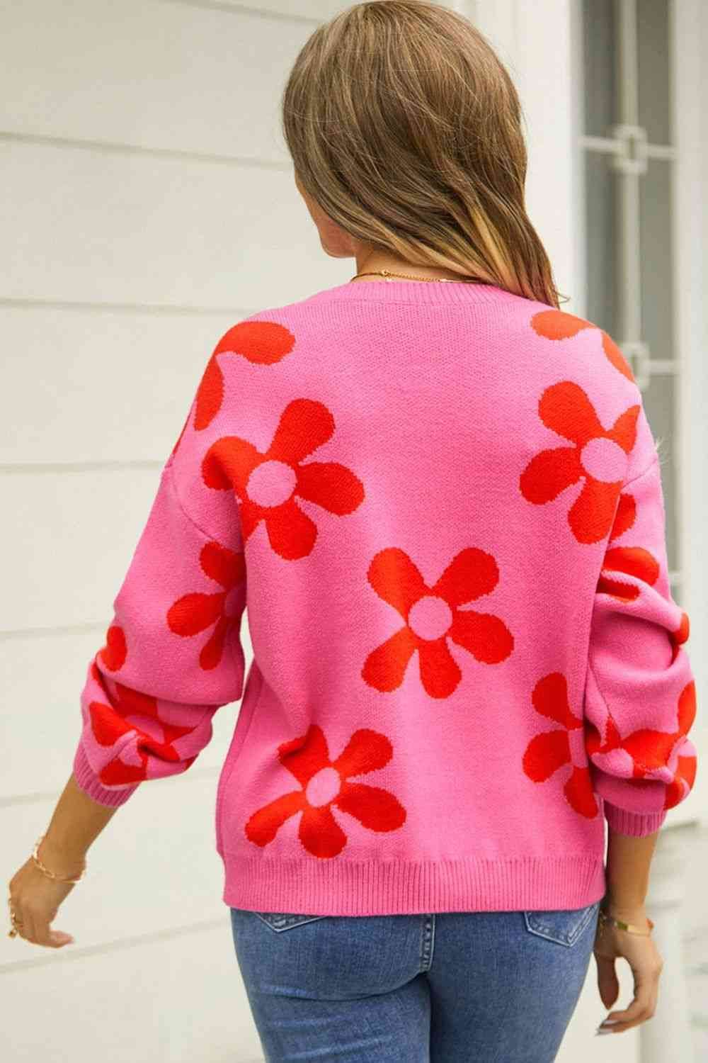Angel Wings Floral Print Round Neck Dropped Shoulder Pullover Sweater - Hovatok