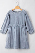 Cutout Round Neck Balloon Sleeve Denim Dress - Hovatok