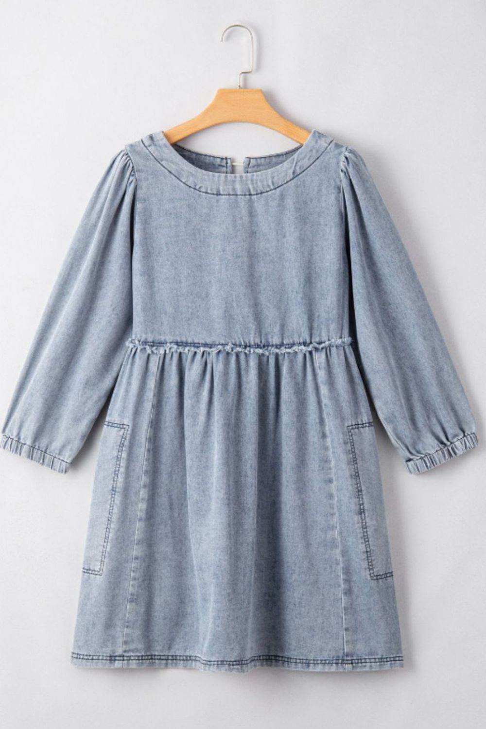 Cutout Round Neck Balloon Sleeve Denim Dress - Hovatok