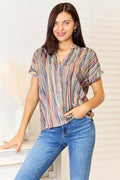 Shiny Multicolored Stripe Notched Neck Top - Hovatok