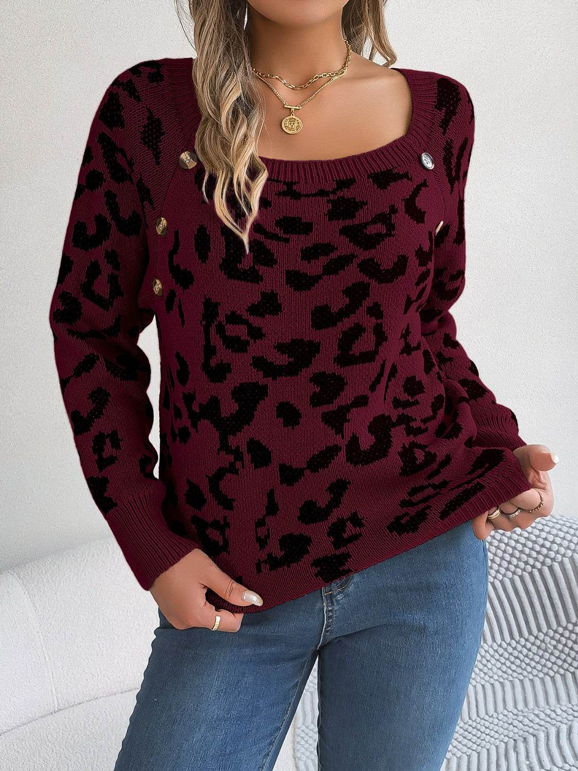 Leopard Buttoned Square Neck Sweater - Hovatok