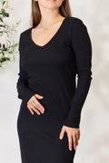 Culture Code Full Size Ribbed Long Sleeve Midi Slit Dress - Hovatok