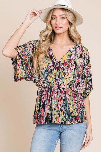 BOMBOM Printed Surplice Peplum Blouse - Hovatok