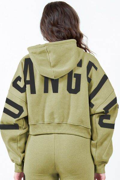 American Bazi Letter Graphic Long Sleeve Drawstring Cropped Hoodie - Hovatok