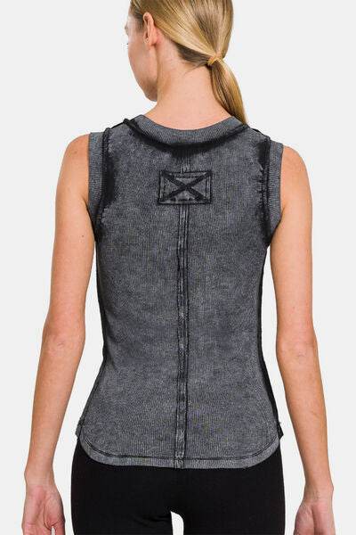 Zenana Washed Ribbed Round Neck Slim Tank - Hovatok