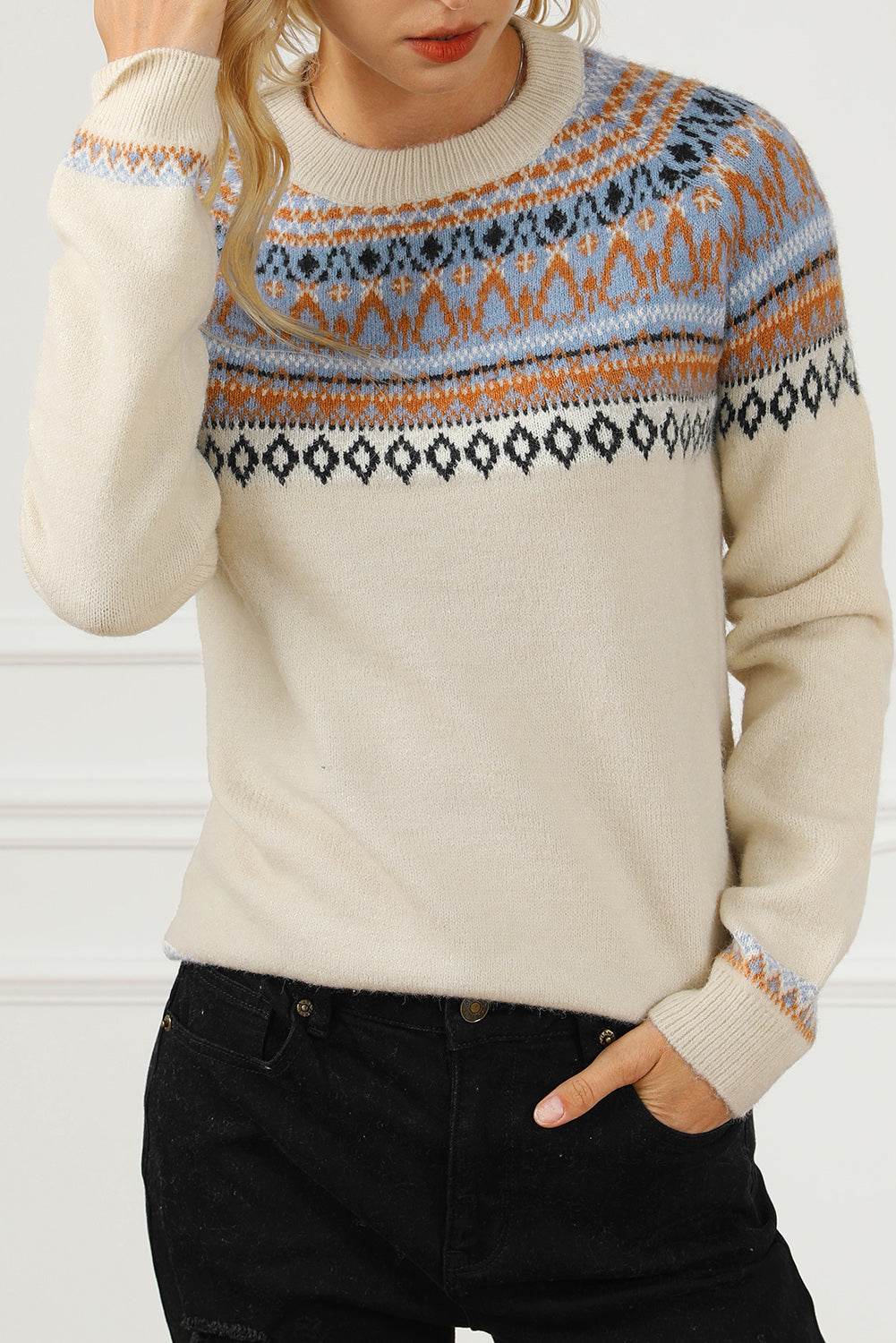 Geometric Round Neck Long Sleeve Sweater - Hovatok