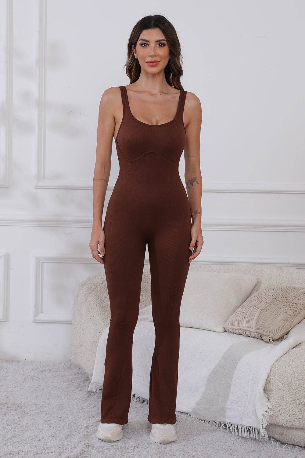 Scoop Neck Wide Strap Active Jumpsuit - Hovatok