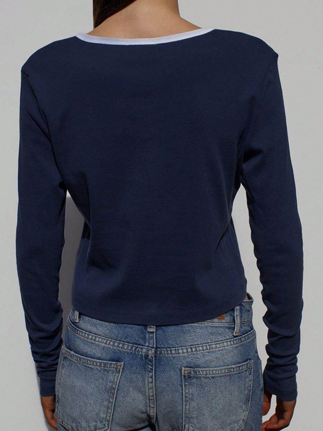 Devine Button Down Contrast Trim Round Neck Long Sleeve Shirt - Hovatok