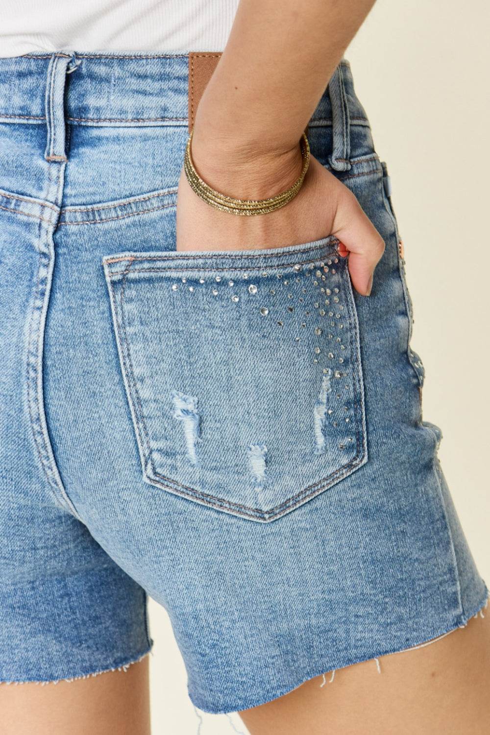 Judy Blue Full Size High Waist Rhinestone Decor Denim Shorts - Hovatok